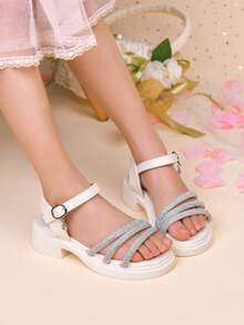 Children's Sandals, Summer Girls' Rhinestone Princess High Heel Shoes, Student Fashion Soft Bottom Performance Dance Shoes - Beige - View 11