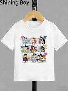Disney Elsa,Ariel,Pocahontas,Rapunzel,Belle,Jasmine,Anna,,Snow White Princess Cartoon Print, Casual And Simple Short Sleeved T-Shirt, Suitable For Wearing In Spring And Summer Seasons, Suitable For Both Boys And Girls. Festival Gift - 白色 - 查看 2