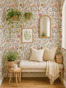 Romantic Pink Wild Flower Garden Floral Wallpaper, Self-Adhesive Or Traditional, Rustic Botanical Cute Boho Nursery, Romantic Garden - 1PC - View 4