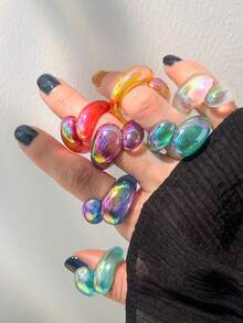 7pcs Electroplated AB Iridescent Adjustable Open Rings, Stacking Rings, Korean Fashion - Multicolor - View 6