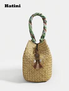 1pc Bohemian Style, Fashion Tassel Woven Bag, Casual Vacation Beach Tote, Outdoor Picnic Party Handbag, Suitable For Women Office, Commute, Date, Shopping, Leisure, Vacation, Beach, Music Festival, Party, Wedding, School (Natural Grass Woven Color May Have Slight Variations) - 綠色 - 查看 4