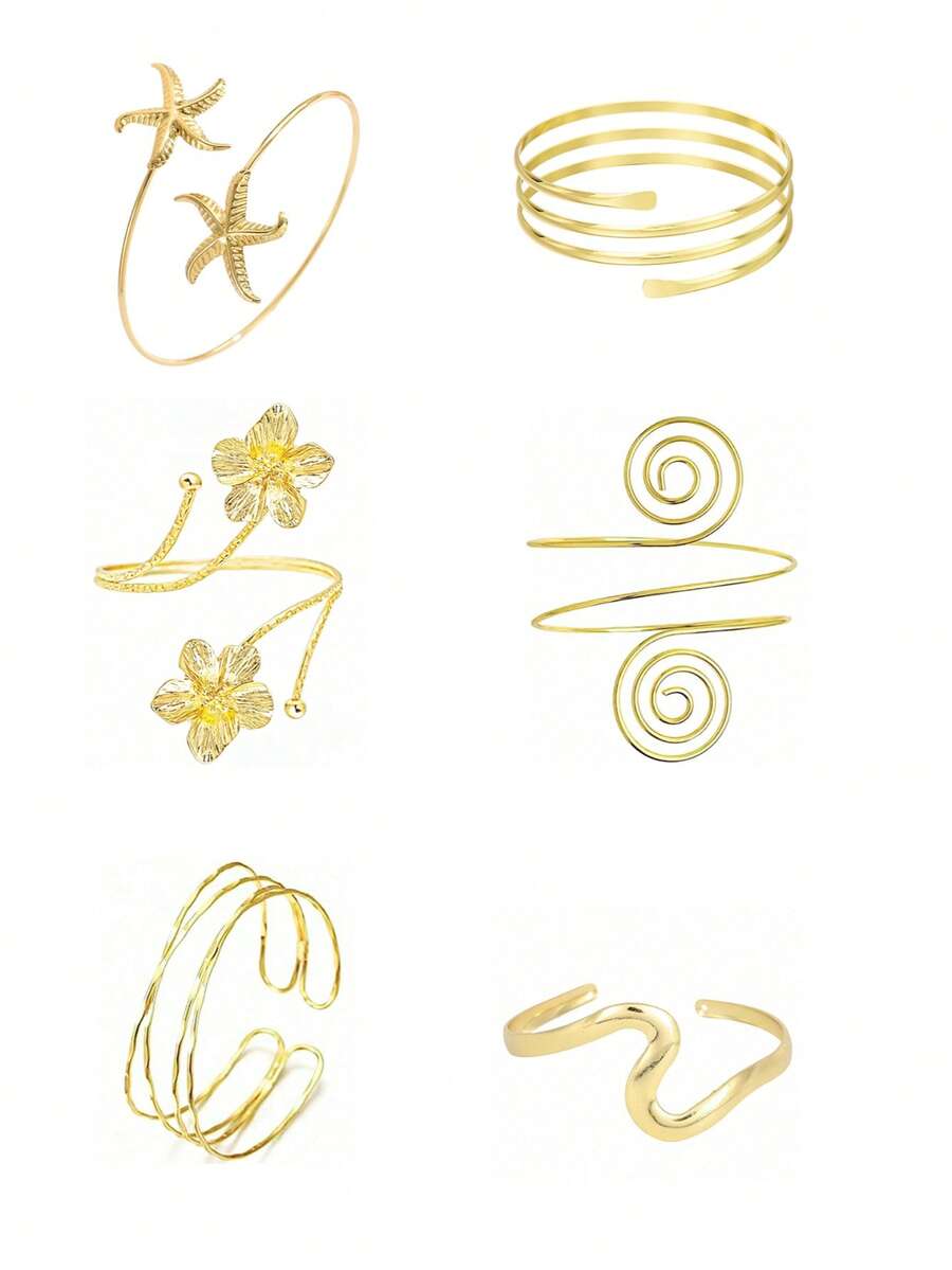 6 piezas Decoraciones de brazalete para mujer, brazaletes de estilo minimalista, brazaletes de bobina ajustables - A0021T-11-6 piezas - Ver 1