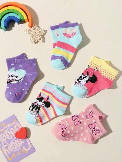 Disney 1/5 Pairs Girls Colorful Short Socks, Cute Sweet Cartoon Bow Pattern Decor, Striped/Heart/Letter/Polka Dot Accents, Fashionable Breathable Moisture-Wicking Sports Socks, Suitable For School, Outdoor, Party, Casual Activities