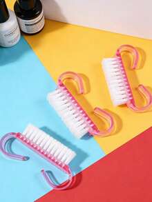 4pcs Pink Professional Nail Art Brush Set, Including 2 Angled Dust Brushes And 2 Handle Dust Brushes, Suitable For Nail Cleaning And Nail Design - Pink - View 1