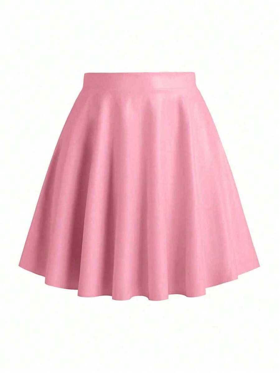 EARO 女士春夏 A 字褶裙，仿皮高腰，侧拉链设计，休闲百搭半身裙 - 花瓣粉 - 查看 1