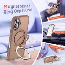 1pc Brown Soft-Touch Matte Magnetic Pivot Bracket With Alloy Lens Film, PC+Silicone TPU 2-In-1 With Hidden Rotatable Magnetic Metal Foldable Ring Holder, Ultra-Thin Shock-Proof Semi-Transparent Anti-Fingerprint Airbag Phone Case Compatible With Apple 17e/17pro/17promax/Air/17/16pro/16promax/16plus/16/16E/SE4/15pro/15promax/15plus/15/14pro/14promax/14plus/14/13pro/13promax/13/12pro/12promax/12/11promax/11 - Mocha Brown - View 4