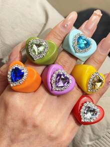 彩色不对称心形水钻树脂戒指，夸张大号糖果色透明气泡树脂戒指，时尚个性春季派对饰品，Y2K千禧风格配饰 - 彩色 - 查看 2