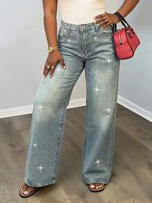 Women's Casual Loose Straight Leg Rhinestone Embellished Maxi Pants - Light Wash - View 5