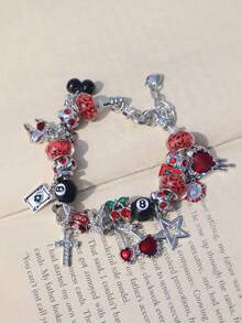 1条豹纹哥特樱桃吊坠手链，1条黑色8号球樱桃手链，1条星形女孩星星手链，1条幸运数字777手链，1条豹纹十字星手链，1条暗黑哥特红色樱桃牙齿手链 - 銀色 - 查看 6