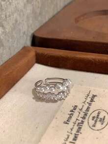 1枚奢华仿珍珠独特优雅合成立方氧化锆精致派对戒指，女士款 - 銀色 - 查看 4