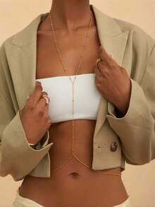 1 pieza Accesorio de pecho con cadena de espina de pescado, joyería sexy de lencería, adecuado para bikini, cadena corporal para uso diario de mujeres - Dorado - Ver 1