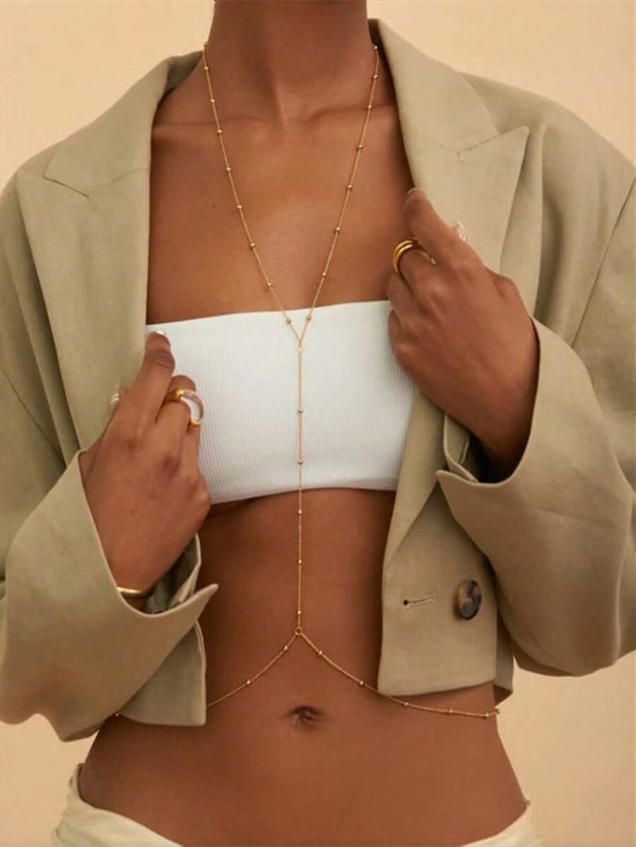 1 pieza Accesorio de pecho con cadena de espina de pescado, joyería sexy de lencería, adecuado para bikini, cadena corporal para uso diario de mujeres - Dorado - Ver 1