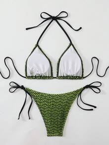 女士露背撞色网纱比基尼套装，荧光绿，可爱性感，两件式派对泳装 - 綠色 - 查看 2