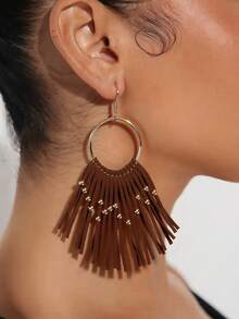 1 Pair Bohemian Style Tassel Hoop Earrings, Women's Western Style Earrings, Brown Tassel Beaded Long Dangle Earrings, Exaggerated Earrings For Beach Holiday - Suede Earrings - View 7