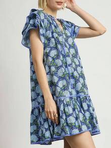 Women Boho Ruffle Sleeve Mini Dress Summer  Floral Print Short Sleeve V Neck Cute Babydoll Loose Flowy Dress - Màu xanh đậm - Xem 2