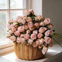 9支仿真粉色玫瑰花，7支玫瑰花头+绿色塑料植物，浪漫风格家居花卉礼品，适合女士、母亲等各种场合，包含花蕊，可用于DIY、派对回礼、伴娘礼物、家居装饰，干玫瑰，多种颜色可选，7支小玫瑰，绿色仿真植物，波西米亚秋季农场风格玫瑰花束，情人节装饰花 - 粉 - 查看 5
