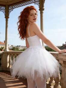 Women's Asymmetrical Hem Tulle Skirt, White Lolita Cosplay Maid Dress, Party/Wedding/Photo Shoot Tulle Petticoat Skirt - White - View 5