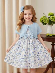 Young Girls Spring/Summer Knitted Hollow Out Cropped Top & Floral Print Sleeveless Dress 2 Pieces Casual Set - Blue - View 1