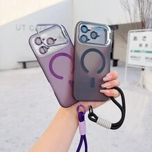 [Lens Bracket With Film] Energetic Shell + Woven Lanyard, Skin-Friendly Matte Finish, Invisible Foldable Metal Bracket, Electroplated Drip Oil, Matching Eagle Eye, Magnetic Charging Phone Case Suitable For IPhone 17 PROMAX/16/15/14/13/12/11 - Violet Purple - View 2