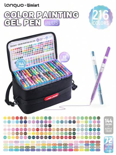 Languo-216 Colors Acrylic & Glitter Gel Pen Set By Premium Marker Pens For Drawing, Scrapbooking, Card Making, Journaling - Includes Portable Travel Case - Ideal For Artists, Kids & Adults