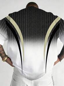 Tee-shirt manches courtes noir et or dégradé grande taille pour hommes | Texture sergé + rayures contrastées épurées + petit logo imprimé, style fonctionnel de rue, Top décontracté ample et respirant grande taille pour le sport - Noir et Blanc - Voir 2