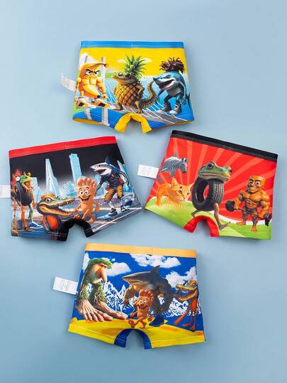 4条装青少年男童中腰平角内裤，鲨鱼图案印花，时尚撞色内裤