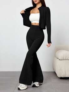 Women's Ribbed Zip-Up Crop Top & Flare Pants Set – 2-Piece Knit Loungewear For Street & Lounge - 黑色 - 查看 3