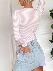 VIVINA 女士加大码春夏休闲简约条纹圆领长袖基础款T恤，百搭户外上衣、睡衣、派对装、夏季度假装，粉色上衣 - 粉色 - 查看 5