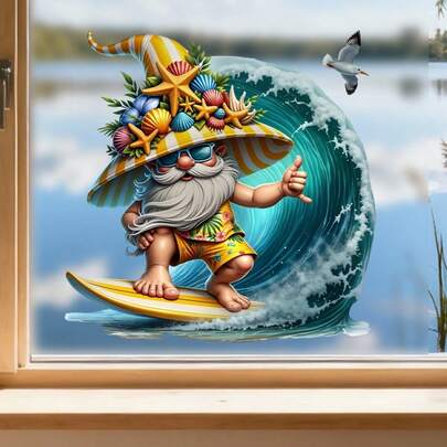 ديكور جدار بشكل قزم جذاب يركب على موجة، مزين بقبعة مرصعة بالنجوم وشورت مزهر! ملصقات PVC قابلة للإزالة، مناسبة للغرف المعيشية وديكورات المنزل والحمامات وخزائن المطبخ