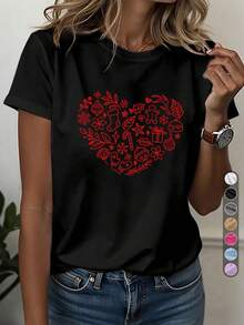 Camiseta deportiva casual para mujer, camiseta de cuello redondo, corazón navideño, usuarios familiares, reuniones navideñas, tema navideño, diseño de colección multi-elemento, corazón, colección, top cómodo para todas las estaciones - Negro - Ver 2