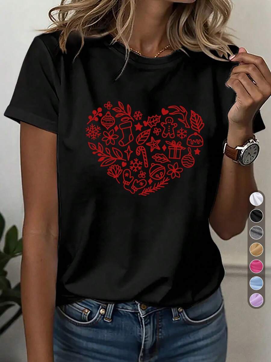 Camiseta deportiva casual para mujer, camiseta de cuello redondo, corazón navideño, usuarios familiares, reuniones navideñas, tema navideño, diseño de colección multi-elemento, corazón, colección, top cómodo para todas las estaciones