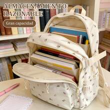 Mochila Escolar Blanca Kawaii con Estampado Rosas y Peluche Oso para Mujer | Tela Duradera, Cremallera Bidireccional, Asidero Ancho, Reforzamiento Triangular, Bolsillos Organizados y Cinturón de Sujeción para Maletas | Ideal para Colegio, Viajes y Usos Cotidianos - Rosas - Ver 7