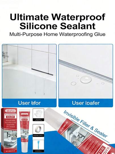 jakehoe Sellador de silicona impermeable - Relleno invisible, adhesivo de sellado impermeable, pegamento impermeable multiusos para el hogar. Este sellador de silicona impermeable combina el relleno invisible, el sellado impermeable y la reparación multifuncional en uno. Puede rellenar con precisión las grietas alrededor de puertas y ventanas, las esquinas de cocinas y baños y varios otros espacios pequeños. Después de la aplicación, forma rápidamente una capa de barrera impermeable densa que bloquea efectivamente la penetración del agua y mantiene un efecto de sellado estable durante mucho tiempo.