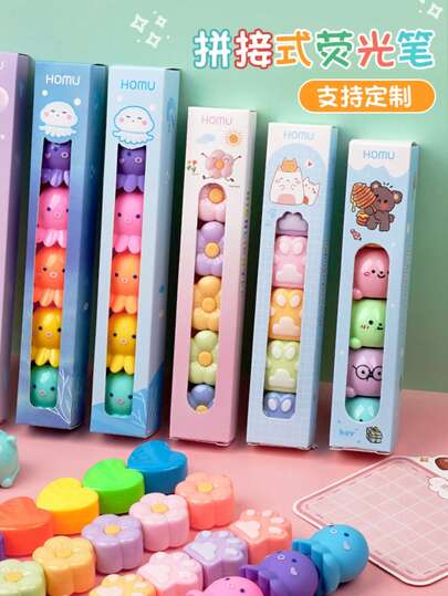 6支创意荧光花朵/章鱼/熊形荧光笔，适合儿童日记本使用