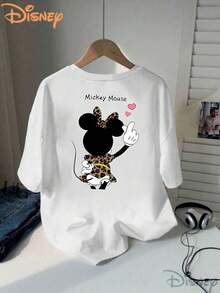 Disney Classic Mickey And Minnie Couple Design With Front And Back Prints, Featuring A Black And Golden Vintage Leopard Print Style. This Women'S Casual Round-Neck T-Shirt Is A New Addition For Spring And Summer, Recommended For Disney Fans - trắng - Xem 2