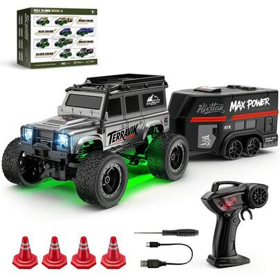 SKYQITIAN 1:64 Mini Climbing RC Car With Trailer, Full Proportion Monster Off-Road Vehicle Model, Remote Control Toy Car For Kids, Realistic Off-Road Climbing Ability With Detachable Trailer Design, High Simulation Exquisite Model For Play And Collection, Easy To Operate Compact Size For Indoor And Outdoor Scene, Cultivate Children's Hands-On Ability, Imagination And Hand-Eye Coordination, Durable Anti-Collision Material  For Boys And Girls, Portable Fun RC Toy For Home, Park And Daily Entertainment, Parent-Child Interactive Racing Game Toy For Better Companionship, Ideal Festival Gift For Birthday, Christmas, Children's Day, Kids' Full Proportion Mini Remote Control Climbing Off-Road Car Model With Trailer