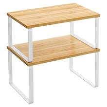 Stackable Shelf Organizer Set Of 2 - Bamboo & Metal Kitchen Storage Shelves For Cabinet, Pantry, Bathroom - Space Saving Cupboard & Countertop Organizer - Natural/White - màu nâu - Xem 12
