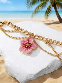 1件装 女士时尚度假风手工扎染渐变流苏珐琅五瓣花吊坠脚链 - 粉色 - 查看 4