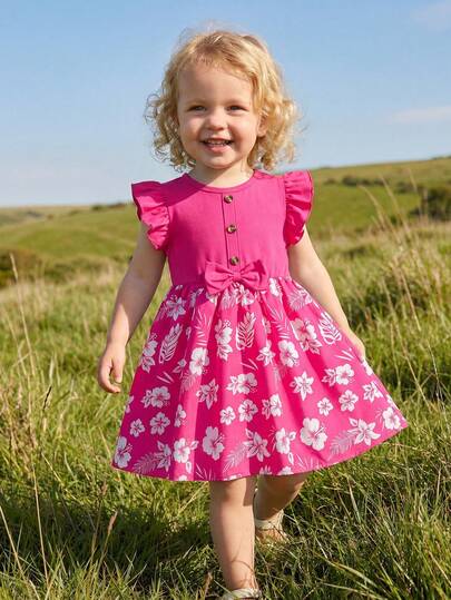 Young Girl Casual Solid Color Knit Faux Cardigan Button Flutter Sleeve Round Neck Bow Floral Print A-Line Hem Dress, Suitable For Daily, Home, Outdoor, Sports, Summer Girls Dress