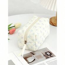 Cute Bow Make Up Bag Cute Bow Knot Pattern Toiletries Bag Travel Make Organizer Zipper Pouch, Quilted Cosmetics Bag, Stylish Foldable Commuter Makeup Bag For Brushes Aesthetic Cosmetic Bag For Gift, Friend, Girls, Student Quilted Floral Flower Zippered Makeup Bag Cute Floral Cosmetic Bag With Zipper Gift Storage Jewelry Organizer Box Bathroom Set Valentines Back To School Supplies - 藍色 - 查看 2