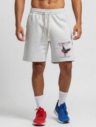 男士印花抽绳腰短裤，宽松透气薄款休闲5英寸跑步健身短裤，夏季运动弹力腰休闲短裤