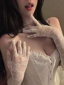 1双女士蕾丝长手套，性感修身白色臂套，性感洛丽塔摄影道具，节日小礼物，适合日常穿着 - A - 查看 8