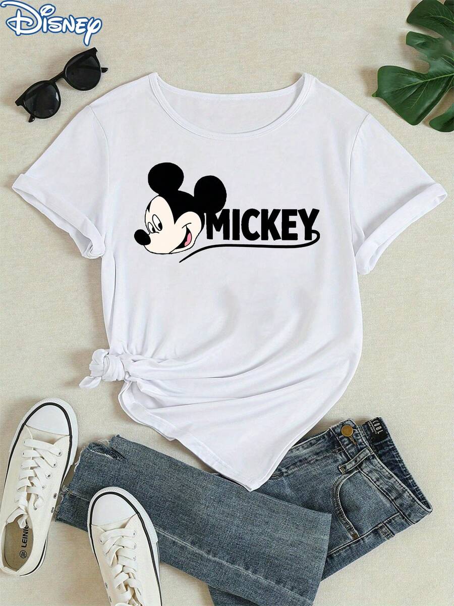 Disney Classic Mickey Mouse Print Short-Sleeved T-Shirt, Women's Top For Spring, Summer And Autumn, Casual And Loose Fit.Made From Soft, Comfortable, And Durable Pure Cotton, This Is An Ideal Choice For Spring And Summer. This Crew Neck T-Shirt Is Suitable For Various Occasions, Including Everyday Wear, Shopping, Parties, Travel, And Gatherings, And Also Makes A Thoughtful Gift. - 白色 - 查看 1