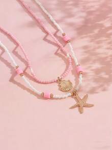 2件套女孩夏季可爱沙滩风贝壳海星合金吊坠项链套装，双层串珠，适合海滩度假，串珠位置随机 - 粉色 - 查看 4