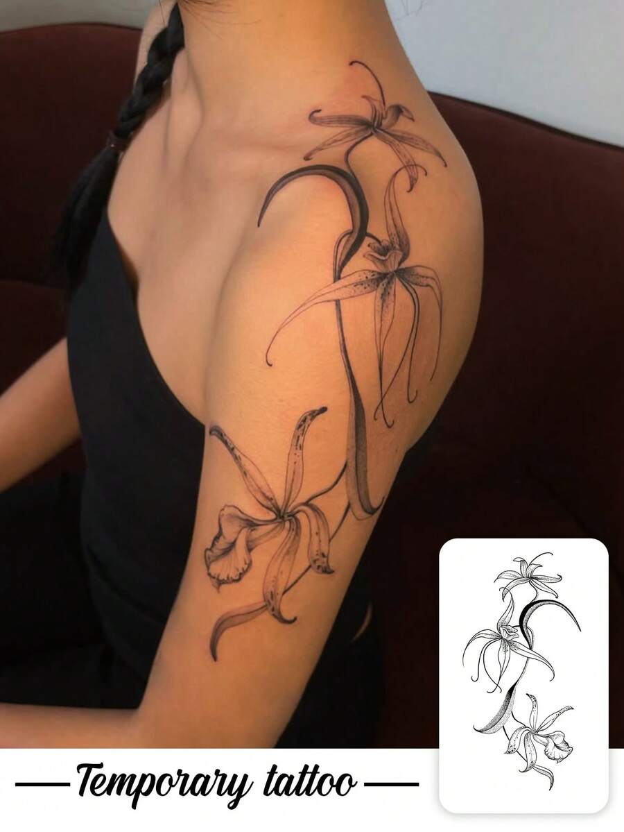 1pc Temporary Valentine's Day Tattoo Sticker, Y2K Style, Featuring A Simple Floral And Vine Design. Waterproof, Sweatproof, Washable, And Non-Reflective. Suitable For Arm And Shoulder Tattoos, Perfect For Individuals. Lasts 3-5 Days.,Sketch Style - Black - View 1