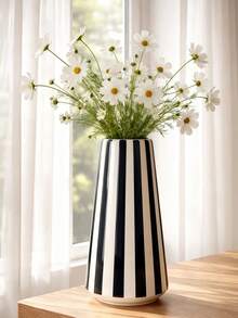 1pc Black & White Striped Plastic Planter, Minimalist European Style Cylindrical Flower Pot, Suitable For Living Room, Bedroom Or Tabletop Decor - Cylindrical Stripes - View 7