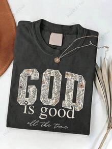Women's God Is Good Floral Graphic T-Shirt, Retro Christian Faith Tee, Casual Crewneck Short Sleeve, Vintage Washed Cotton Top - 黑色 - 查看 12
