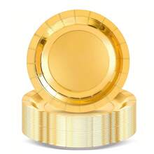 Bộ 100/50/25/10/2 đĩa vàng dày dặn, có thể tái sử dụng, đĩa tráng miệng, đĩa bánh, đĩa tròn 7 inch/9 inch, viền kim loại sáng bóng sang trọng, chống thấm nước và bền bỉ, thích hợp cho dã ngoại, bữa tối, tiệc tùng, Giáng sinh, Lễ Rước Lễ, Ngày Valentine. - Vàng - Xem 2