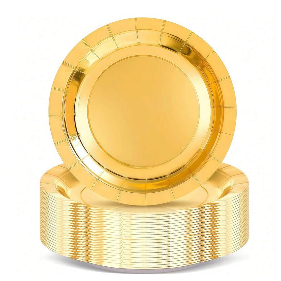 Bộ 100/50/25/10/2 đĩa vàng dày dặn, có thể tái sử dụng, đĩa tráng miệng, đĩa bánh, đĩa tròn 7 inch/9 inch, viền kim loại sáng bóng sang trọng, chống thấm nước và bền bỉ, thích hợp cho dã ngoại, bữa tối, tiệc tùng, Giáng sinh, Lễ Rước Lễ, Ngày Valentine.