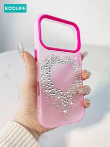 Heart 1pc Colorful Patchwork Phone Case, Heart-Shaped Rhinestone Decor, PC+TPU Material, Semi-Transparent Matte Surface, Anti-Drop Phone Case, Compatible With Iphone 17/17 Pro/17 Pro Max - Hot Pink - View 2
